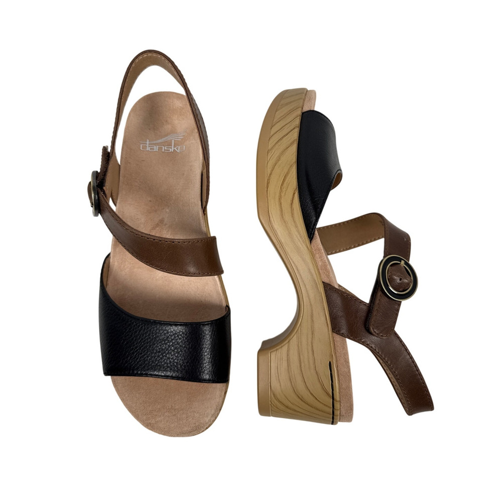 Dansko Marjory Sandal Womens 5.5-6 EU 36 Black Tan Leather Straps Block Heel